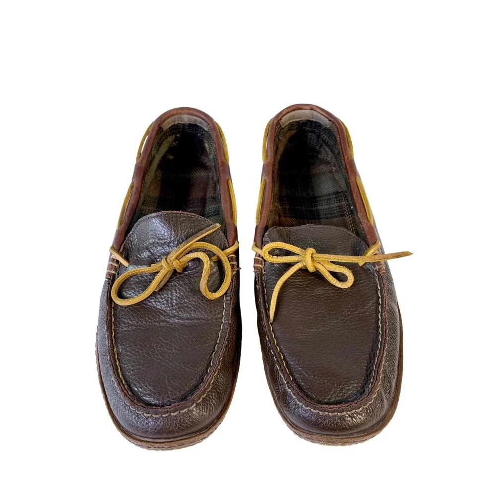 L.L.Bean Handsewn Leather Moccasins Slippers Flannel Lined Mens 12 Brown Leather